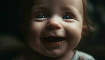schattig baby jongen glimlachen met onschuld, vreugde en geluk binnenshuis gegenereerd door ai foto