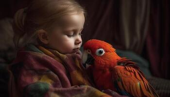 schattig kind glimlacht terwijl voeden speels ara in levendig Woud gegenereerd door ai foto