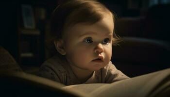 schattig baby meisje aan het leren naar lezen, zittend comfortabel Aan sofa gegenereerd door ai foto