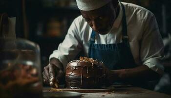 een Mens maken eigengemaakt chocola toetje in reclame keuken gegenereerd door ai foto