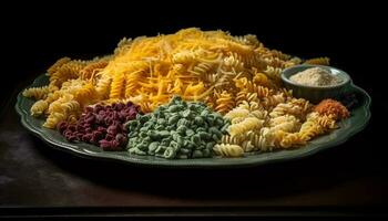 een kleurrijk Italiaans pasta verzameling Aan een houten tafel kom gegenereerd door ai foto