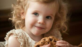 schattig blond kleuter meisje glimlachen terwijl aan het eten chocola koekje binnenshuis gegenereerd door ai foto