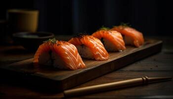 gezond aan het eten met vers zeevruchten en Japans cultuur Aan rustiek hout gegenereerd door ai foto