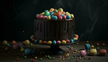 multi gekleurde verjaardag taart met chocola suikerglazuur en snoep decoratie gegenereerd door ai foto