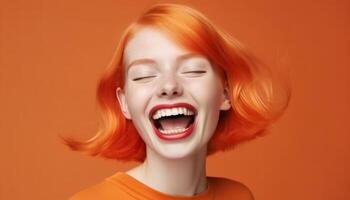 mooi Dames glimlachen met vreugde, ogen gesloten, in studio portret gegenereerd door ai foto