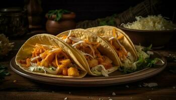 gegrild rundvlees taco bord met vers guacamole en gehakt koriander gegenereerd door ai foto