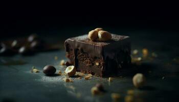 toegeeflijk fijnproever toetje donker chocola brownie met hazelnoot truffel decoratie gegenereerd door ai foto