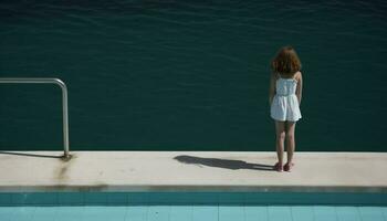 Kaukasisch vrouw staand aan het zwembad, genieten van sereen zomer eenzaamheid gegenereerd door ai foto