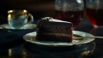 toegeeflijk eigengemaakt chocola toetje Aan elegant hout bord met koffie gegenereerd door ai foto