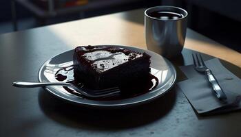 toegeeflijk chocola toetje Aan elegant bord met vers fruit plak gegenereerd door ai foto