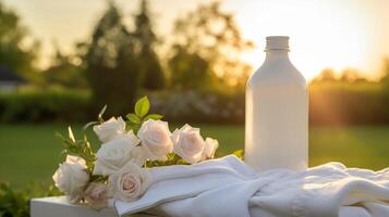 de was, huishouding en huiswerk, wit schoon gevouwen kleren en wasmiddel conditioner fles in de tuin, land huisje stijl, generatief ai foto