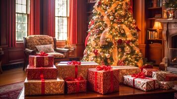Kerstmis geschenken, gelukkig vakantie en vakantie viering, verpakt geschenk dozen, presenteert en versierd Kerstmis boom, generatief ai foto