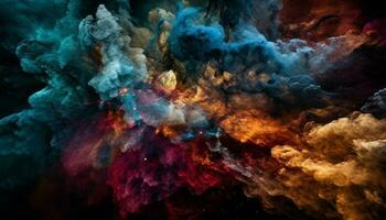 futuristische heelal ontploft in chaotisch Purper beweging gegenereerd door ai foto