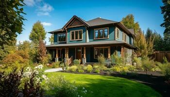 modern luxe huis genesteld in weelderig groen landschap gegenereerd door ai foto