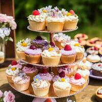 cupcakes, taarten, scones en muffins en vakantie decoratie buitenshuis Bij de Engels land stijl tuin, zoet desserts voor bruiloft, verjaardag of partij viering, generatief ai foto