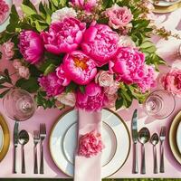 vakantie tafellandschap, formeel avondeten tafel instelling, roze pioen tafel scape met pioenen decoratie voor bruiloft partij en evenement viering, generatief ai foto