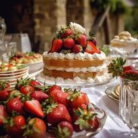 aardbei taart voor bruiloft, verjaardag en partij viering, vakantie toetje evenement voedsel horeca, land huisje stijl, generatief ai foto