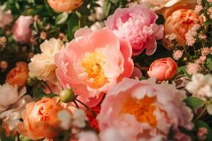 bloem tuin, tuinieren en platteland natuur, mooi pioen bloemen, pioenen bloeiend Aan een zonnig dag, generatief ai foto