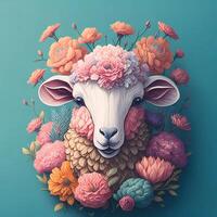schapen hoofd met bloemen en bladeren. generatief ai kunst illustratie foto