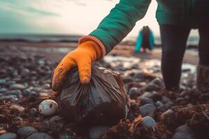 vrijwilliger verzamelt vuilnis Aan een modderig strand. de concept van aarde dag. detailopname. generatief ai foto