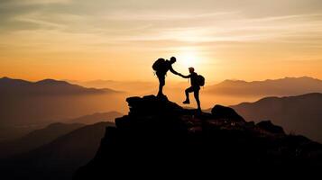 vriendschap helpen elk andere vertrouwen silhouet in bergen, zonsopkomst. samenspel van twee mannen helpen elk andere Aan top van berg beklimming team mooi zonsopkomst landschap. generatief ai foto
