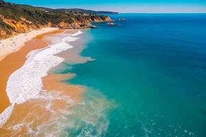 antenne foto van zomer strand en blauw oceaan, zomer vakantie, vakantie. generatief ai