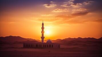foto zonsondergang over- woestijn met moslim moskee in de voorgrond, moslim, Arabisch, Islam, Ramadan, eid vieren, moslim vakantie. generatief ai