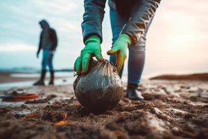vrijwilliger verzamelt vuilnis Aan een modderig strand. de concept van aarde dag. detailopname. generatief ai foto