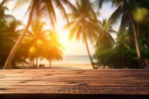 Product presentatie in natuur. vervagen tropisch strand met bokeh zon licht Golf Aan leeg oud natuur hout tafel abstract achtergrond. generatief ai foto