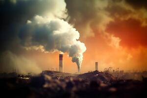 industrie metallurgisch fabriek dageraad rook smog uitstoot slecht ecologie antenne fotografie. generatief ai foto