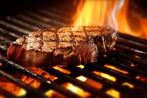 vlees rundvlees steak gegrild Aan vuur, voedsel bbq en heet grill, generatief ai foto