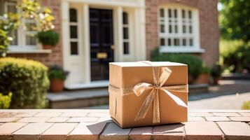 elegant geschenk winkel levering, post- onderhoud en luxe online winkelen, pakket doos met een boog Aan een huis drempel in de platteland, generatief ai foto