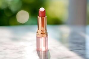 luxueus roze lippenstift in gouden buis Aan marmer, schoonheid kunstmatig en luxe bedenken Product, generatief ai foto