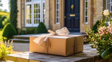 elegant geschenk winkel levering, post- onderhoud en luxe online winkelen, pakket doos met een boog Aan een huis drempel in de platteland, generatief ai foto