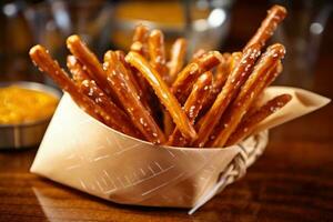 voorraad foto van zoute krakeling stokjes of pretzels in de keuken tafel professioneel voedsel fotografie ai gegenereerd