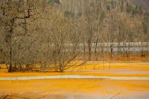 een meer vervuild met giftig verspilling in de western bergen van Roemenië. natuur verontreiniging van koper de mijne. ecologisch catastrofe of milieu ramp foto