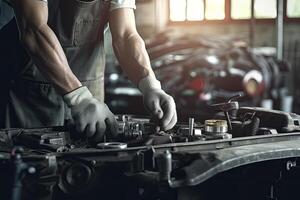 auto monteur werken Aan auto gebroken motor in mechanica onderhoud of garage. vervoer onderhoud moersleutel detia. generatief ai foto