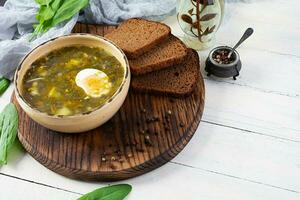 groen soep met zuring, vlees en ei. traditioneel zuring borsjt foto