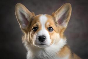 portret van schattig mooi huisdier wit welsh corgi hond op zoek Bij camera binnenshuis. generatief ai foto