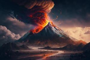 explosie, vulkanisch uitbarsting Aan de berg, natuurlijk ramp. generatief ai foto