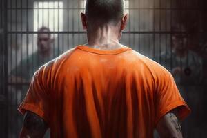 een onherkenbaar gevangene in een oranje gewaad staand in gevangenis, achterzijde visie. generatief ai illustratie foto