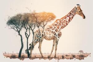 giraffe en de Afrikaanse savanne dubbele blootstelling. generatief ai foto