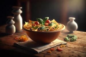 Italiaans pasta, gekookt pasta met groenten in een kom Aan de tafel. traditioneel schotel voedsel. generatief ai foto