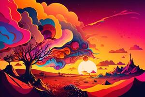 surrealistische helder kleurrijk landschap. kleurrijk boom, zonsondergang in de woestijn, fantasie natuur. generatief ai illustratie foto