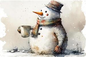 gelukkig versierd sneeuwman in hoed en sjaal met mok van heet drinken in winter besneeuwd seizoensgebonden vakantie. waterverf Kerstmis illustratie, generatief ai foto
