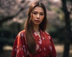 mooi Aziatisch vrouw met lang en Rechtdoor haar- vervelend een kleurrijk kimono, op zoek echt, staand in een achtergrond van kers bloesem bomen. ai gegenereerd foto