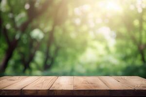 tuin tafel. houten achtergrond met groen planten, bomen en bladeren in bokeh vervagen voor Product Scherm ai gegenereerd foto