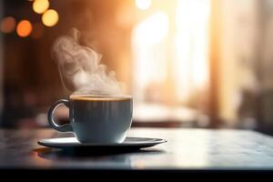 detailopname van wit koffie kop Aan cafe tafel met wazig achtergrond ai gegenereerd foto