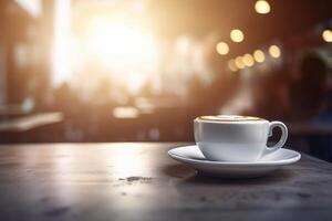 detailopname van wit koffie kop Aan cafe tafel met wazig achtergrond ai gegenereerd foto