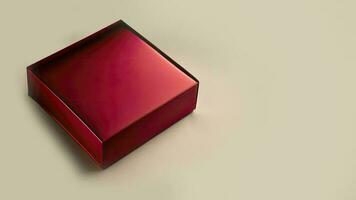 3d geven van rood geschenk doos Aan pastel gouden achtergrond en kopiëren ruimte. foto